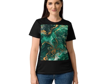 T-shirt astratta con stampa effetto marmo smeraldo – Maglietta grafica fluida da donna in stile softstyle