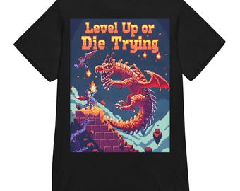 Level Up or Die Trying T-Shirt | Retro Pixel Art Dragon Boss Fight Graphic Tee