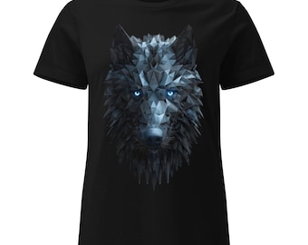 T-shirt con lupo geometrico / Testa di lupo low poly con occhi blu / Maglietta grafica unisex