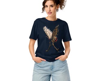 T-shirt in cotone biologico con stampa a farfalla e piuma dorata e bianca.