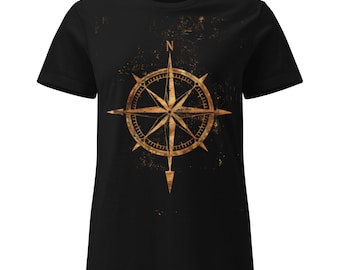 T-shirt con rosa dei venti dorata / Maglietta con grafica vintage di navigazione nautica / Unisex biologica