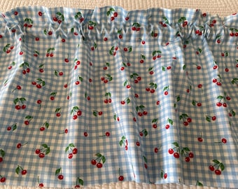 Blue Gingham Valance with Red Cherries. Vintage Style. New Handmade