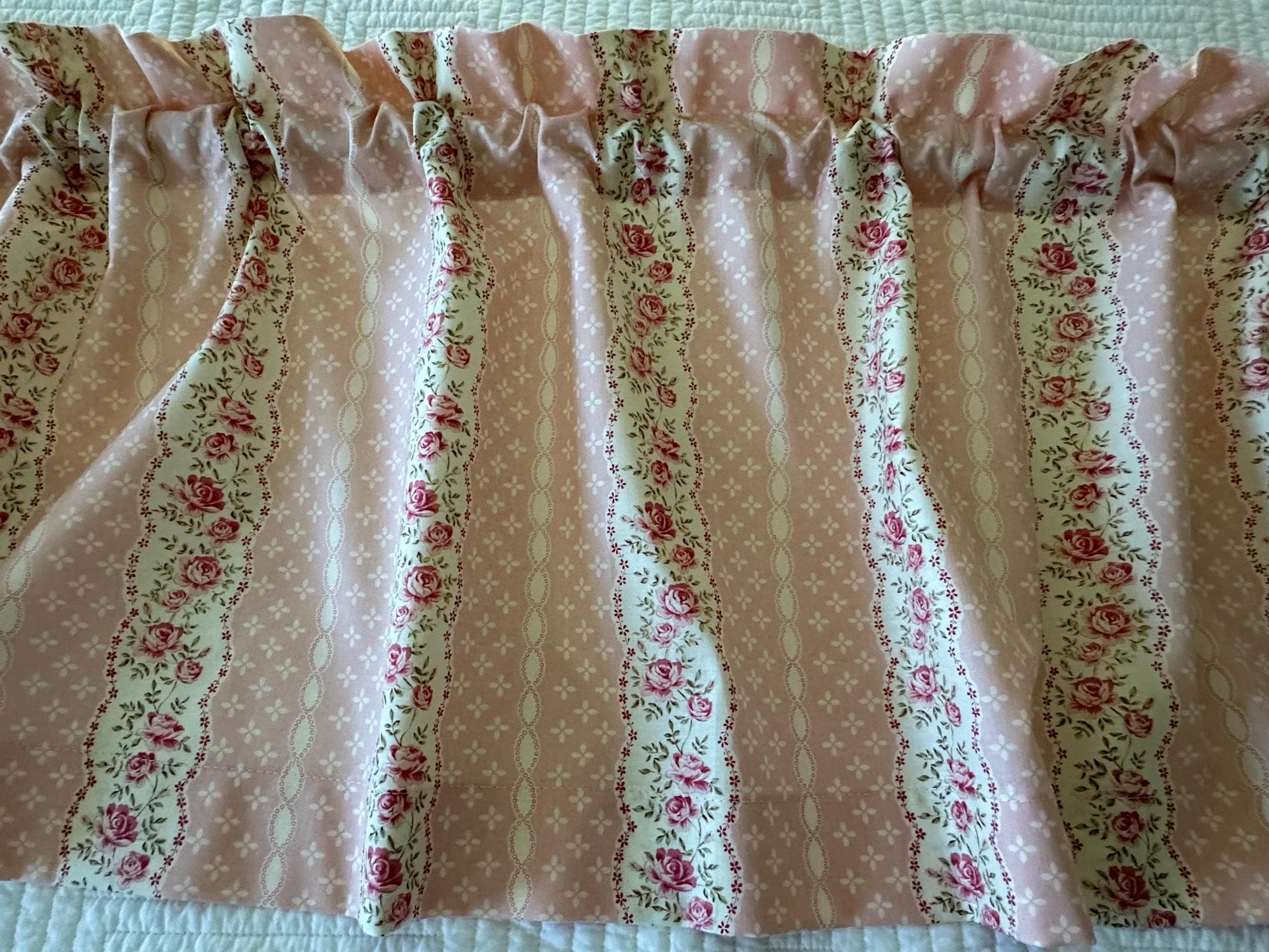Victorian, Cottage Ticking Floral Stripe Valance. Pink Peach and Cream.  New handmade from all cotton fabric
