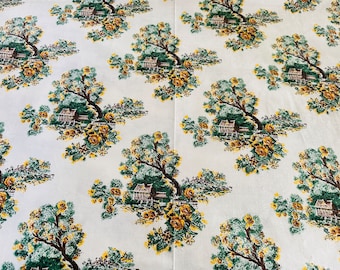Vintage Quilting Fabric, Cottage, Footbridge, Flowers in Greens, Yellows. New