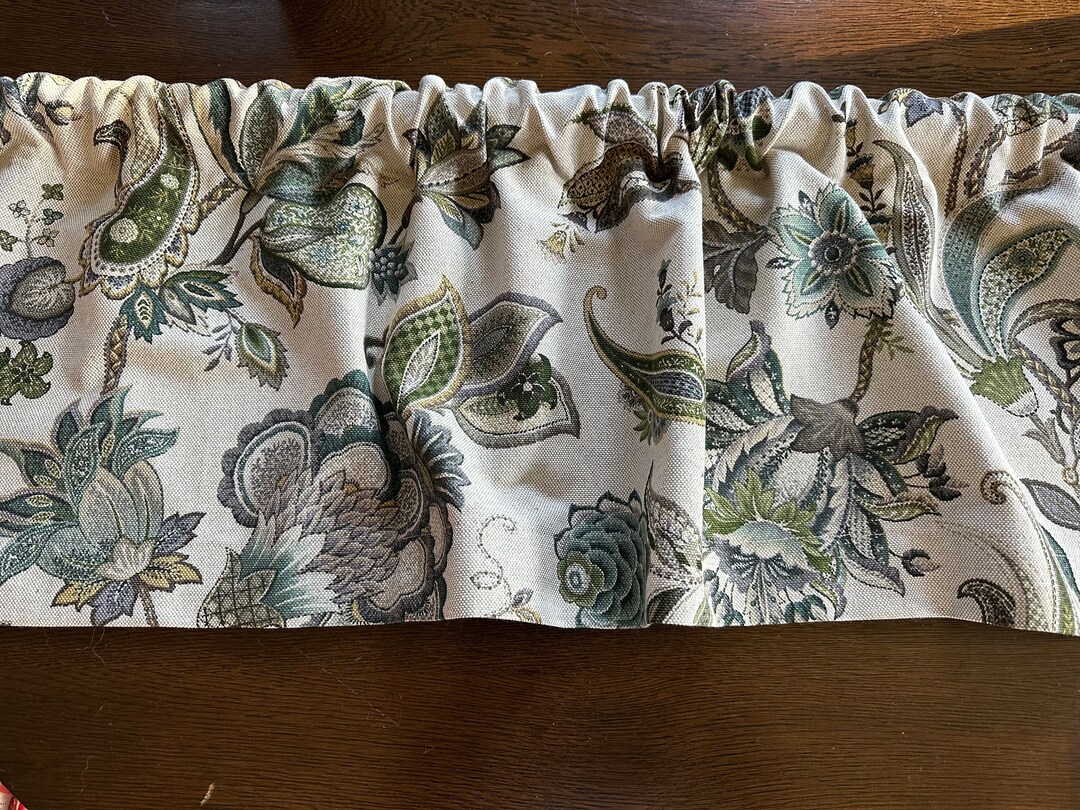 Jacobean Botanical Valance in Blues, Greens, Beige, Grays. P Kaufman