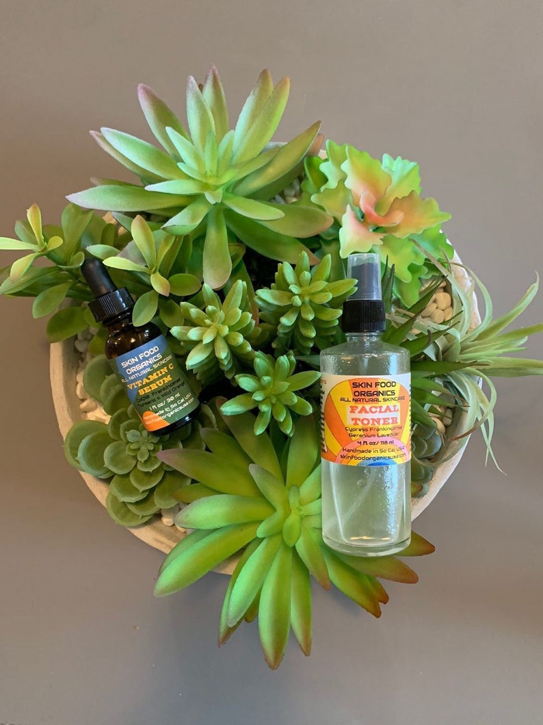 K&ouml;nnte beinhalten: Zwei kleine Glasflaschen mit Etiketten f&uuml;r Skin Food Organics Vitamin C Serum und Gesichtswasser. Die Flaschen stehen in einer wei&szlig;en Schale mit gr&uuml;nen Sukkulenten.