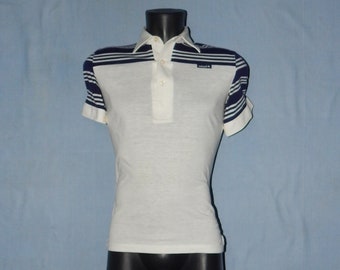ADIDAS Vintage jaren 70 Trefoil-tennispolo heren heren. Labelgrootte: D2, maat S. wit/blauw.
