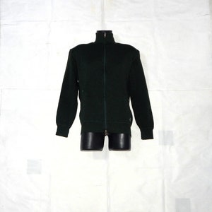 May include: A dark green zippered sweater on a mannequin. The sweater has a high collar and long sleeves.