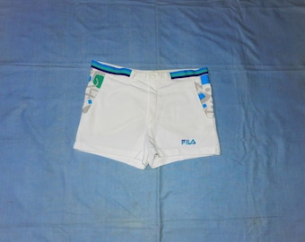FILA Vintage 90s Becker Collection Men's Tennis Shorts. Label Size: I 50, D50, US 34. White/Multicolour