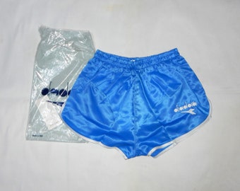 DIADORA Vintage 80s New With Tags Adult's Running Short Shorts. Label Size: 4 (IV). Light blue/White