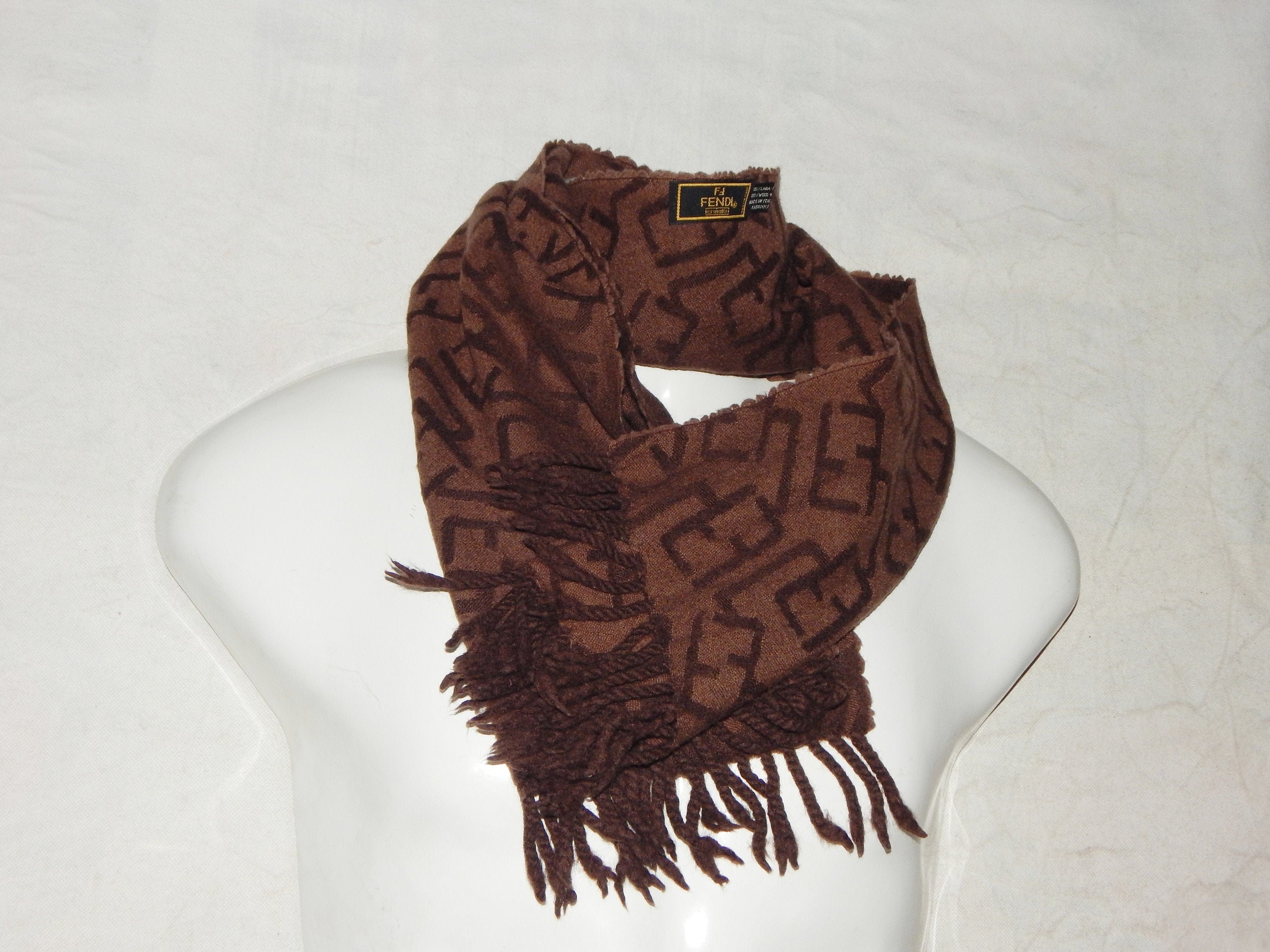 Fendi Vintage Zucca Monogram FF Logo Striped Chain Motif Black & Brown Cotton Scarf