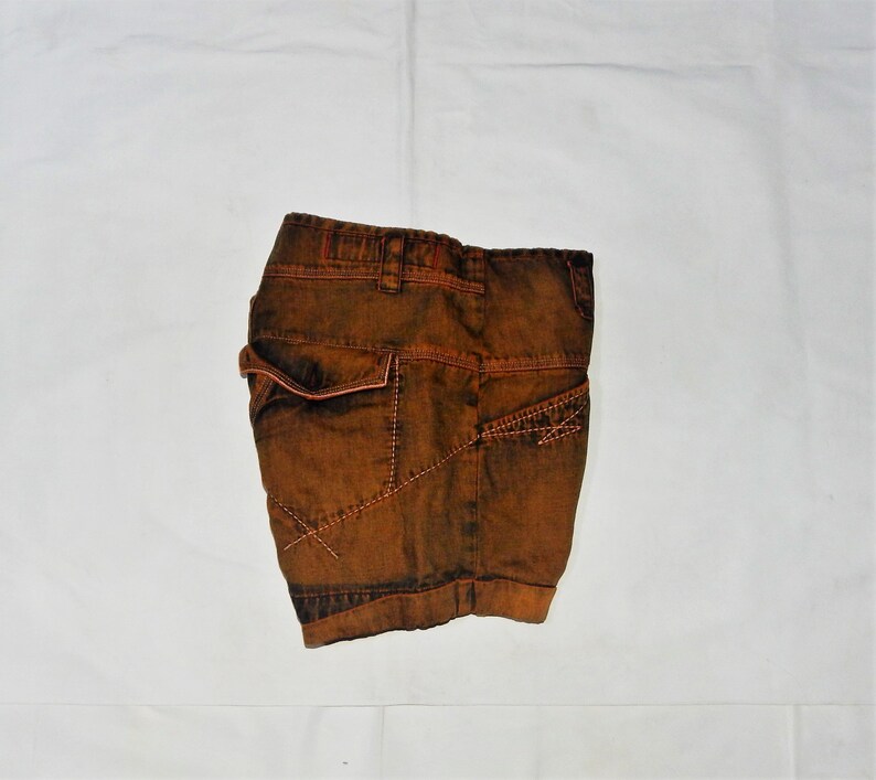 MARITHE' FRANCOIS GIRBAUD Vintage 90s/2000S Women's Fashionable Linen Carpenter Cargo checked Shorts. Label Size: 30. Brown/orange image 7