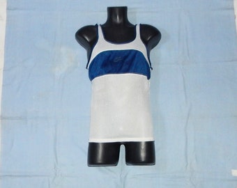 NIKE VIntage 80s Rare Made in UK Men's Running Training Mesh Jersey Vest. Label Size L. White/Blue