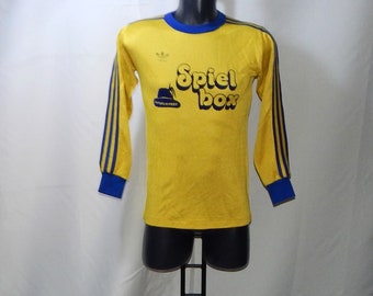 Adidas Vintage Soccer Jersey 1970s | Yellow Blue 3-stripe Trefoil