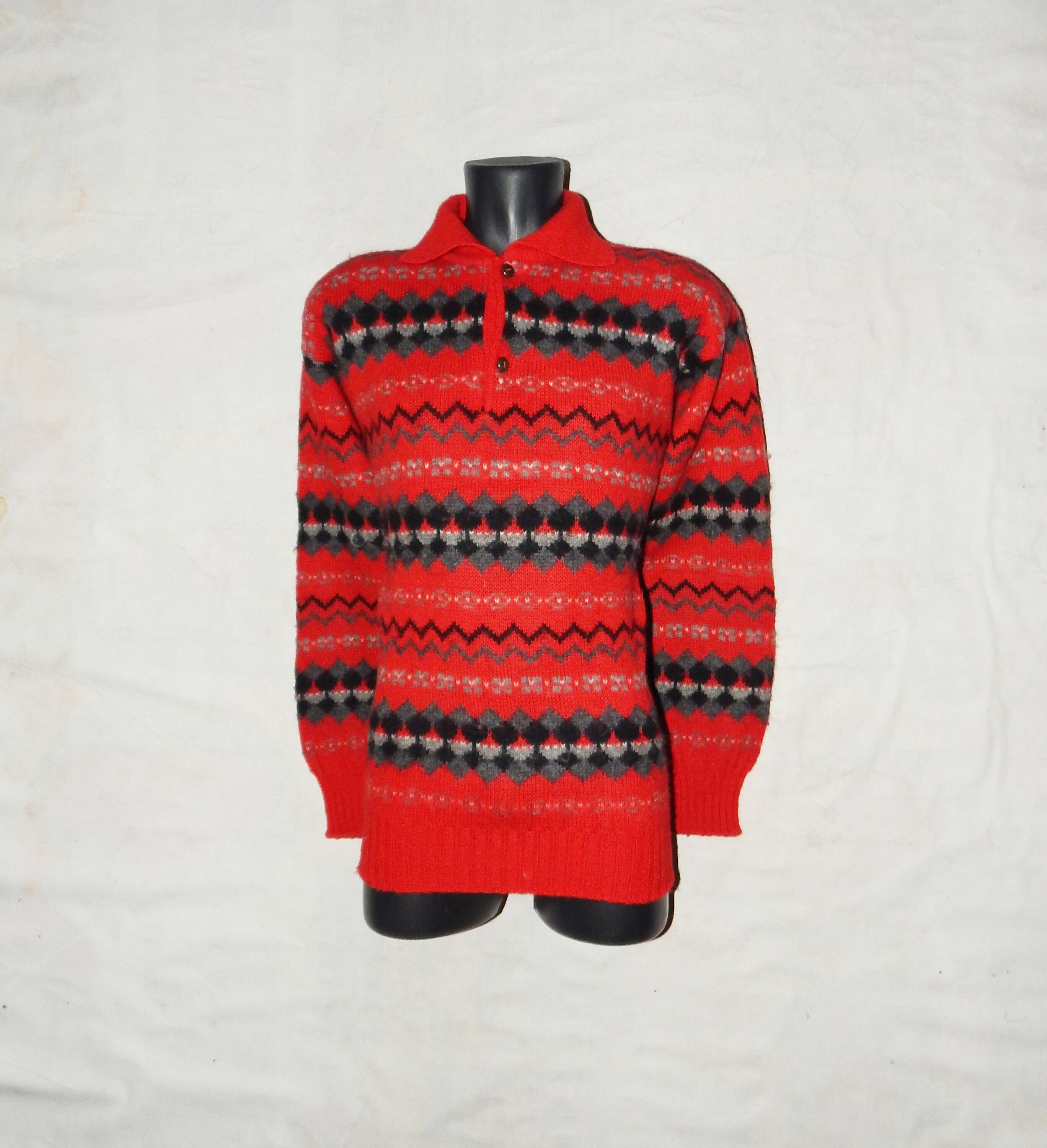 Image of Vintage 90S Nordic Style Rare Stunning Men's Wool Collared Jumper Sweater. Size 50/L, Uk38/40. Multicoloured