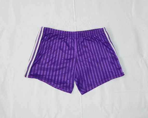 ADIDAS Vintage 80s Trefoil Adults' Football Sport Striped Shorts. Label size: D 8, Uk L/XL . Purple