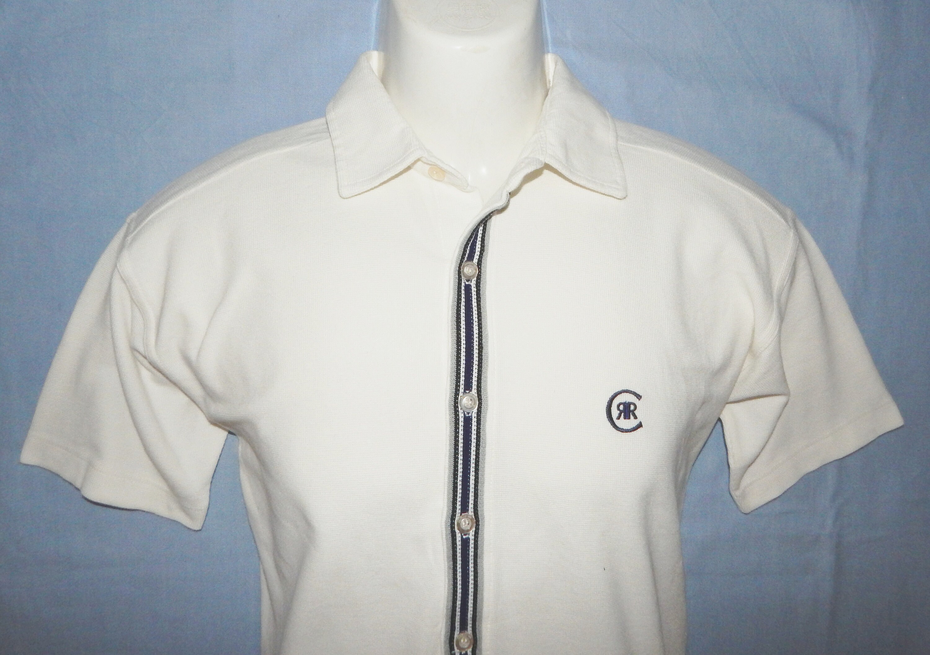 Image of Cerruti Vintage 90S Shirt , Rare Men's Italian High Quality Golf, Beach Cotton Jersey Shirt, Size S M -48It White/Blue