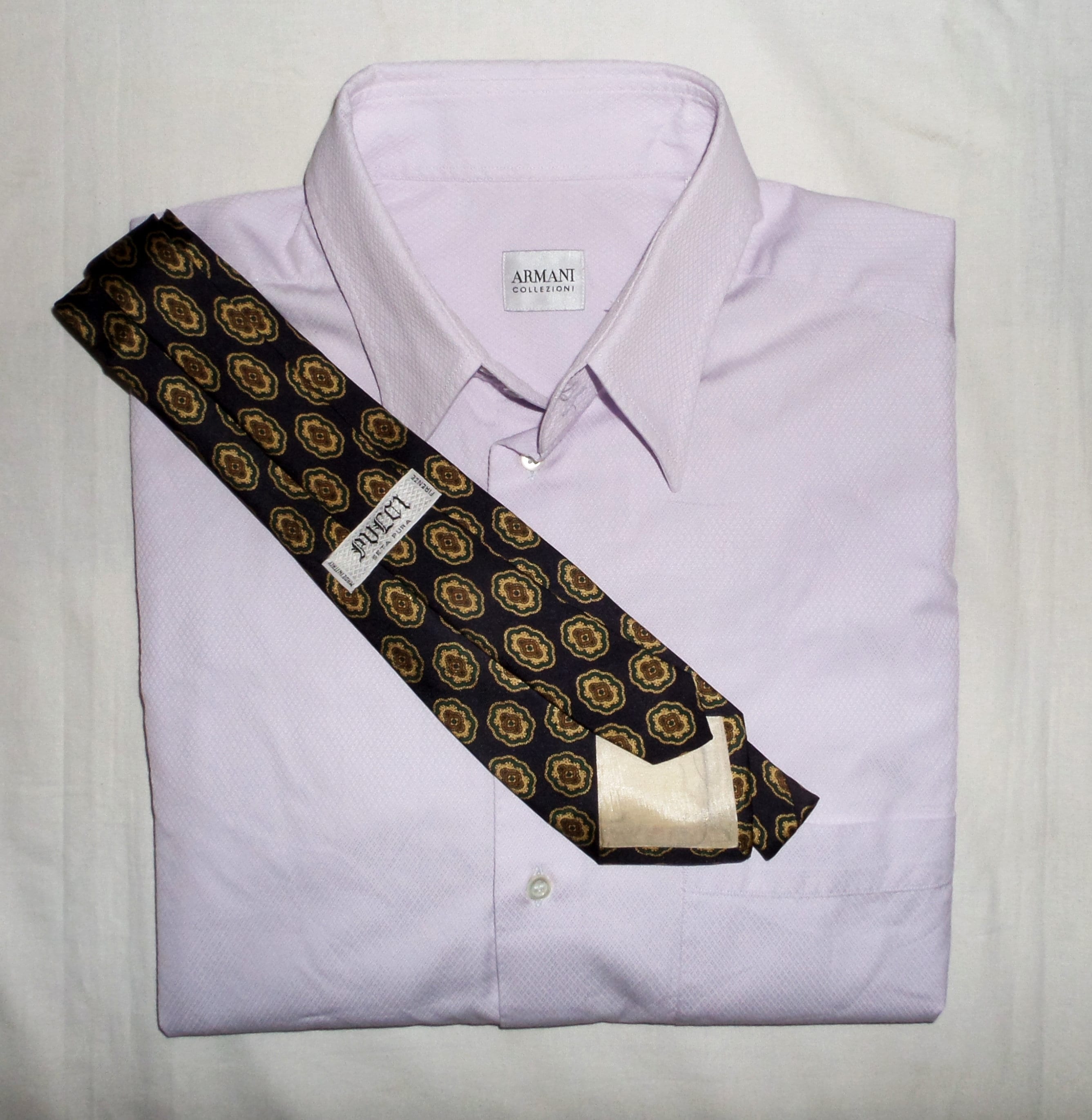 Image of Giorgio Armani Italian High Class & Quality Rare Men's Cotton Long Sl Shirt, Lilac , S/M, 41/16 & Vintage Pure Silk Tie