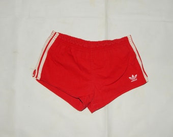 ADIDAS Vintage 70er Trefoil Fußball-Westdeutschland für Erwachsene, seltene blaue Shorts mit internem Label. Etikettengröße It 4, D 4, Us/Uk S(M). Rot/Weiß