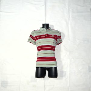 LACOSTE ChemiseRare Vintage 80s  Made in France Men&#39;s Golf / Tennis Collared Cotton Striped Polo Shirts, Size 5, grey, red