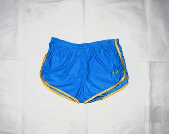 DIADORA Vintage 80s Made in Italy Adults' Running Short Shorts. Label Size: IV-L. Light Blue/Yellow