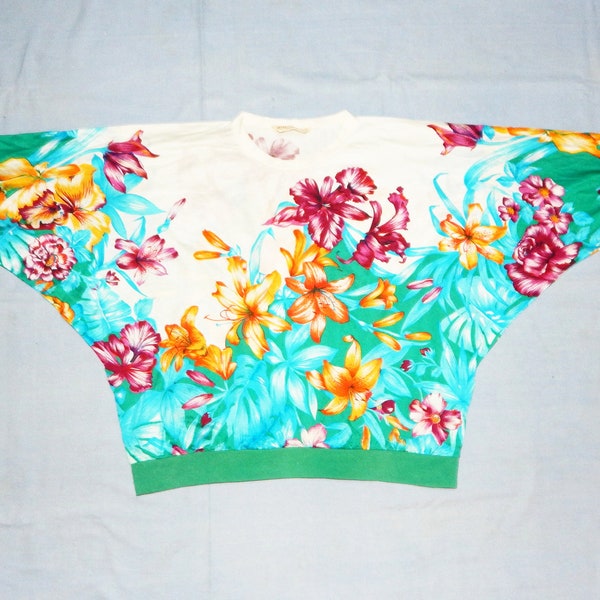 Marina Rinaldi Italia Rare Stunning Vintage 80s Women's Batwing Sleeve Crew Neck Floral T-Shirt. Size L/XL. Multicoloured