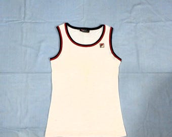 FILA Rare Vintage 70s to 80s Adults' Tennis Golf Cotton Lisle Sleeveless Jumper Sweater . Size It48, D48, Us12, Uk14. White, Blue, red