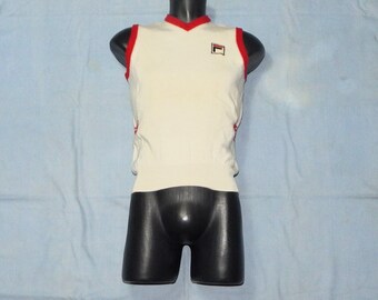 FILA Rare Vintage 70s style Adults' Tennis Golf Wool Sleeveless Jumper Sweater . Size M. Light Beige, red