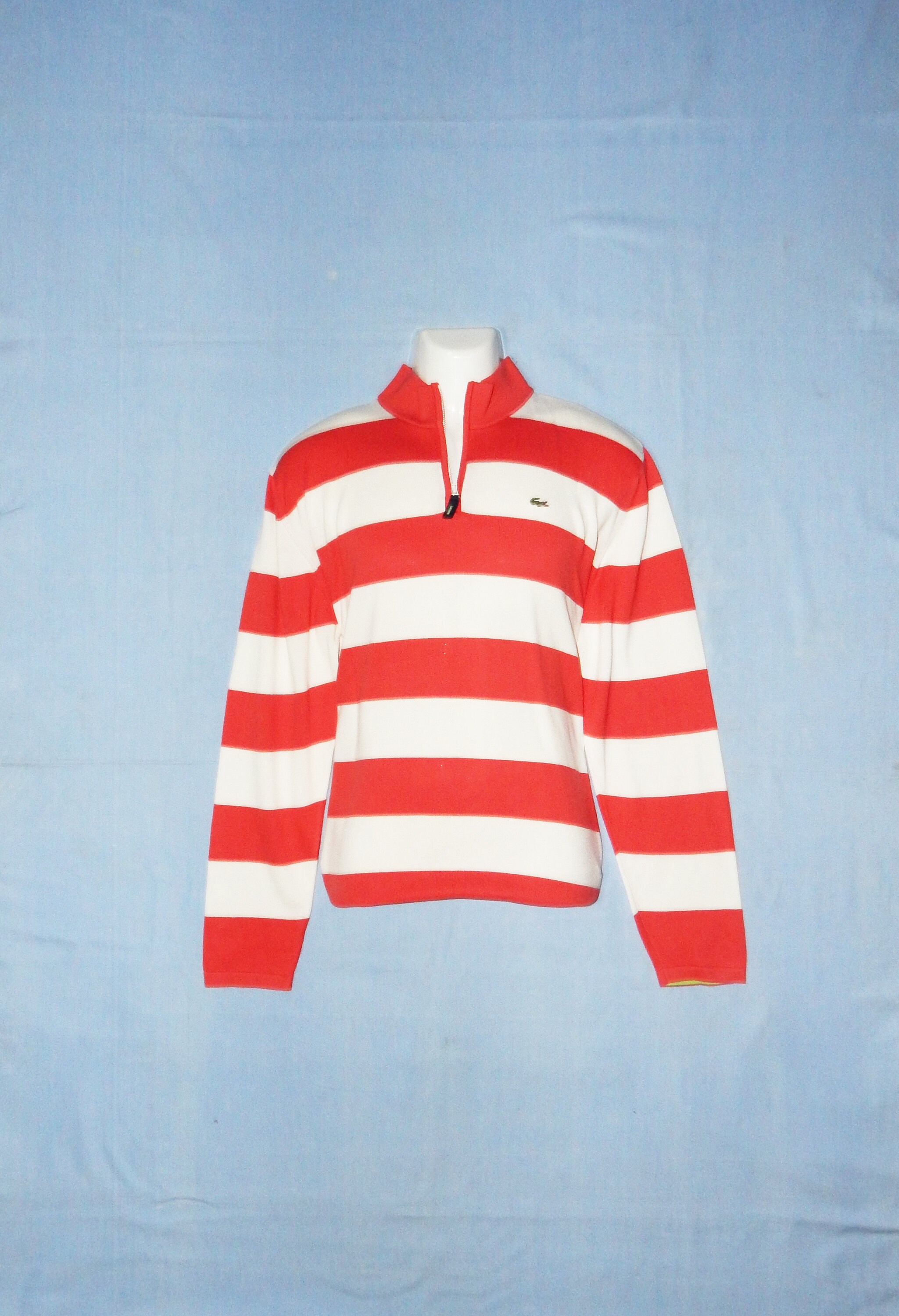 Image of Lacoste Vintage 90S Excellent Men's Cotton Zipper Polo Neck Jumper Sweater. Size 8/xl, 56, Red/White