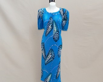 NINA RICCI Paris Vintage 90s Rare Women's Amazing Design Short Sleeves Long Dress. label size: 3. Blue