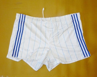 Adidas Vintage 70er Jahre Trefoil Herren Seltene Fußball Gestreifte Shorts. Größe: Us-XL. Weiß/Blau