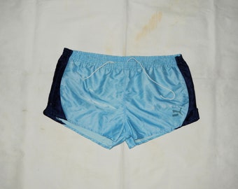 PUMA Vintage 80er bis 90er Jahre, seltene Fußball-Shorts für Erwachsene, gestreift, Größe D8, It 8, US XL, Blau, klar