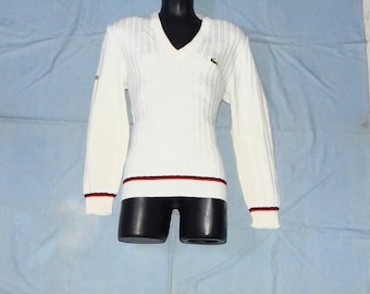LACOSTE Vintage jaren '70 tot '80 Made in France Wol Heren Tennisgolf Mouwloos Sweatshirt. Labelgrootte: 4. Wit, rood, lue
