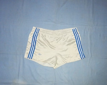 Adidas Vintage 70s Trefoils France Made Adult's Running/Football Retro Short shorts Size  M/L, White/Blue