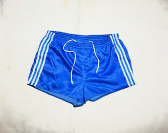 Adidas Vintage 70s Ventex Frankreich Trefoil Erwachsene Fußball Baumwolle glänzend Shorts Größe D 5- Uk-Us M . Blau/Weiß