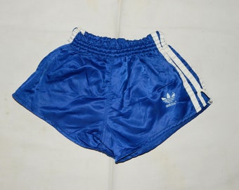 ADIDAS Vintage 70s to 80s Trefoil Adults' Football Made in West Germany shiny striped shorts. Label Size It3, D3, US/ Uk XXS(M). Blue/white