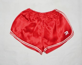 PATRICK Vintage 80s Adults&#39; Boy Running Shiny Short Shorts. Size: XS/S. Red/White