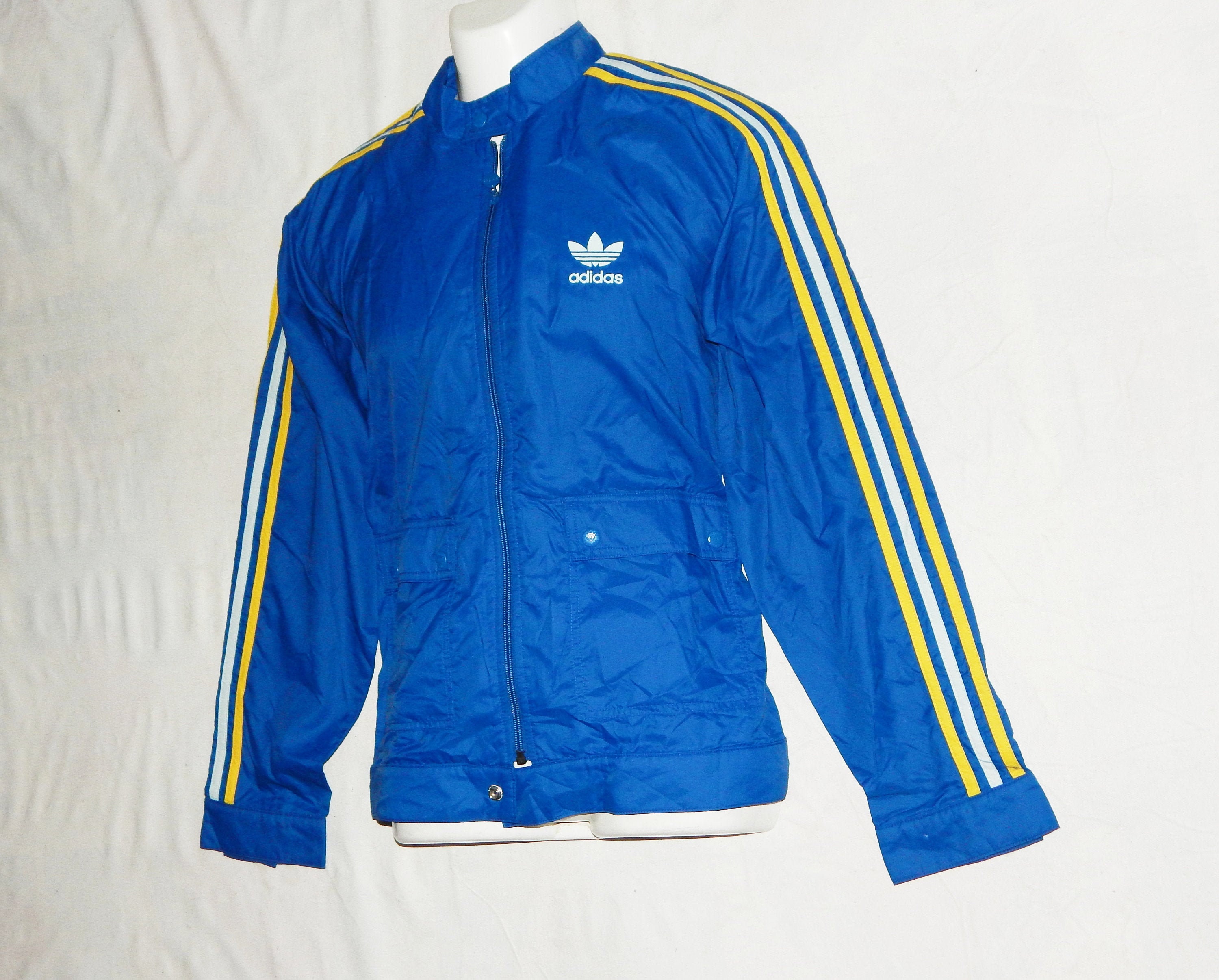 Image of Adidas Vintage 90S Trefoils Men's Sport Nylon Wind/Rain Jacket, Size M, Blue /Yellow/White