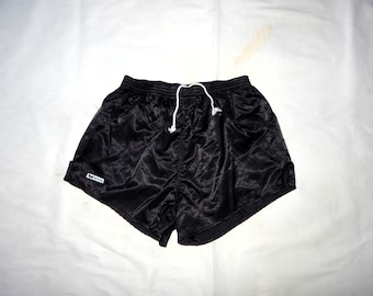 ERIMA Vintage 80s Made in W. Germany Adult's Football Shiny Short Shorts ,Size D8 , XL, Black, White