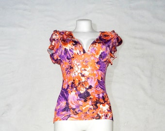 ROBERTO CAVALLI Vintage 90s/2000s Women's Floral Design V-Neck T-Shirt Top. Size: S. Multicoloured
