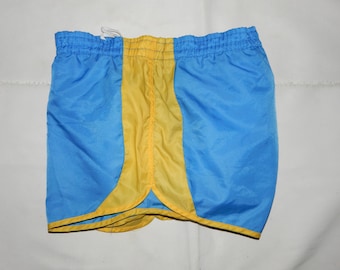 CRANE Sports Vintage 80er/90er Jahre Laufshorts für Erwachsene. Etikettengröße: 44/50. Blau/gelb