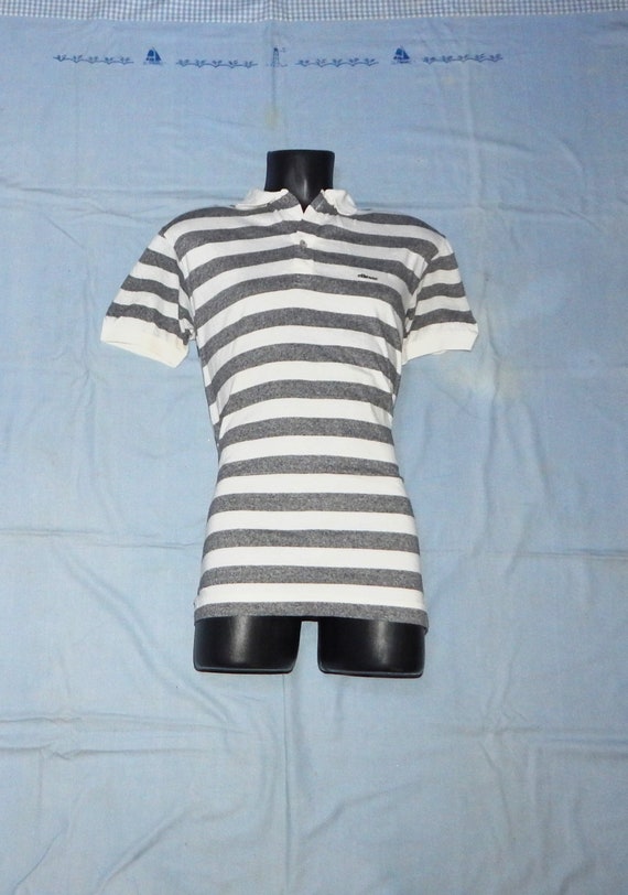 Ellesse, ELLESSE Vintage 80s Made in Italy Men's Cotton Short Sleeves Striped Polo Shirt. Size: M . White/grey
