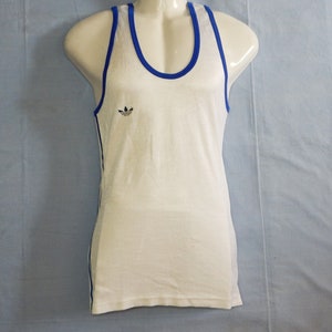 Adidas by Ventex Made in France Vintage 1970s Excellent Trefoils Sport Vest Jersey Size 2/3, S White/Blue