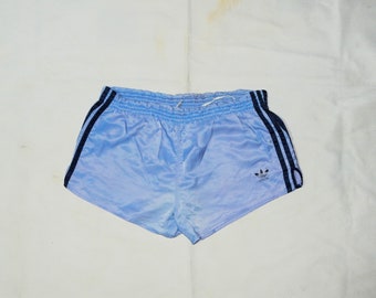 ADIDAS Vintage 70s/80s Trefoil Adults' Football Made in W. Germany striped shiny Shorts. Label Size It 6, D 6, Us/Uk M(L), Light blue