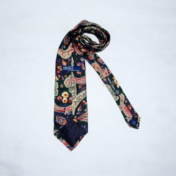 RALPH LAUREN Polo Made vintage 90s Rare Exclusive 100% Pure Silk Tie. Longueur 144 cm. Conception multicolore en cachemire