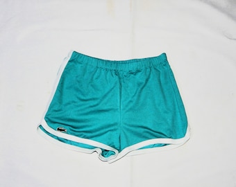 Lacoste Vintage 80s rare Adults/women's Made in France Running Training Short Shorts. Label Size: 44. Green/white
