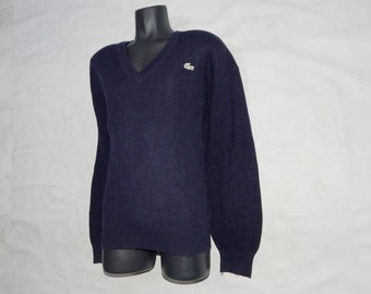 Chemise Lacoste Vintage Rare Grey Logo Hombre v Cuello Lana Mezcla Suéter Jersey.Talla 7- XL.Azul Marino