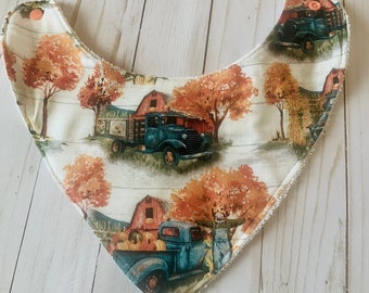 Fall Leaves Delight: Bandana Bib with Vintage Trucks, Pumpkins, and Scarecrows   Free Shipping