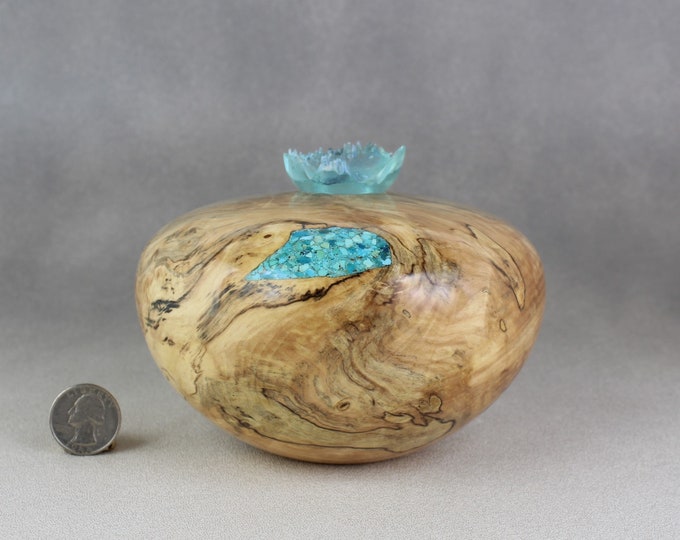 Small Wooden Urn 40 Cu. In. Handmade Spalted Buckeye Cremated Ash Urn Turquoise Inlay