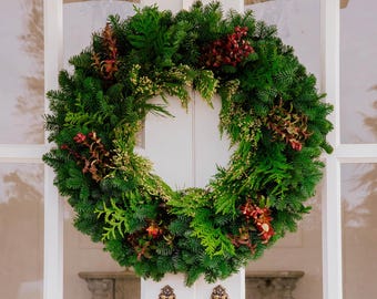 Green Mountain, Fresh Noble fir, Fresh Western Red Cedar, Red huckleberry, Holiday Wreath, Fresh Wreath, Door Wreath, Hanging Wreath.